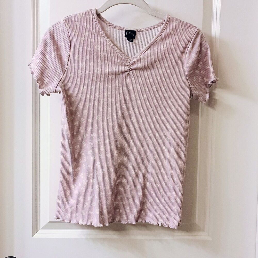 Art Class Girls XL (14/16) Ribbed Floral V-Neck Short Sleeve Top - Purple